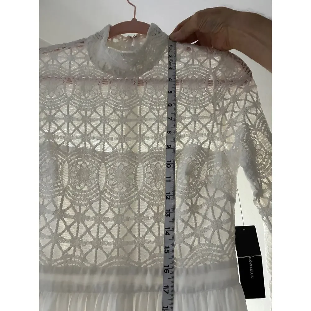 Lulus White/Off-White Lace Maxi Bridal Wedding Dress High Neck Long Sleeve Small - Picture 10 of 14